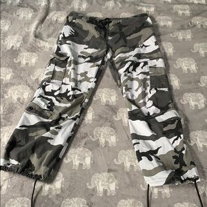 black, white, and grey camo pants